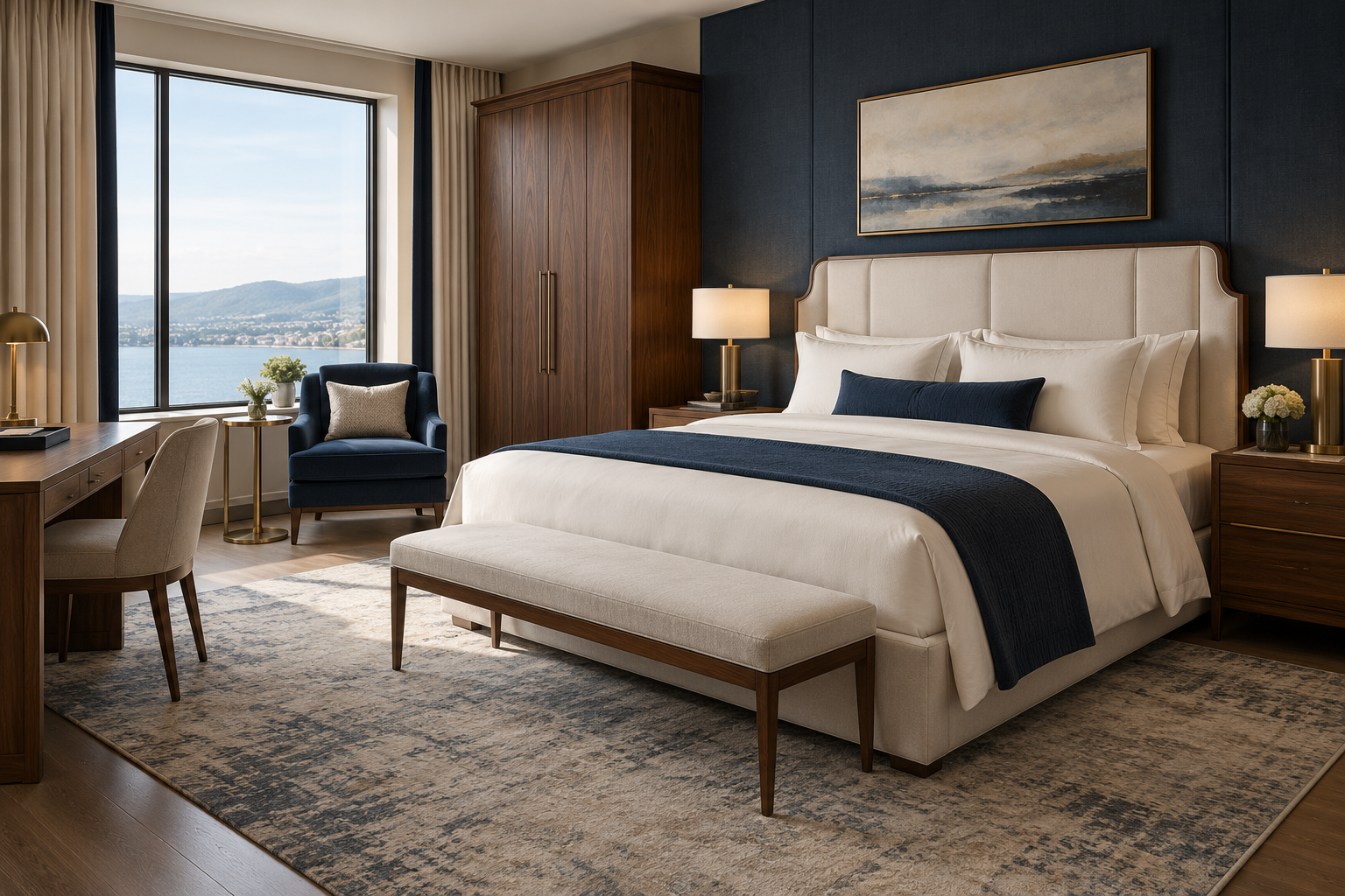 Hotel furnishing concept with a bed, nightstands, desk, and wardrobe