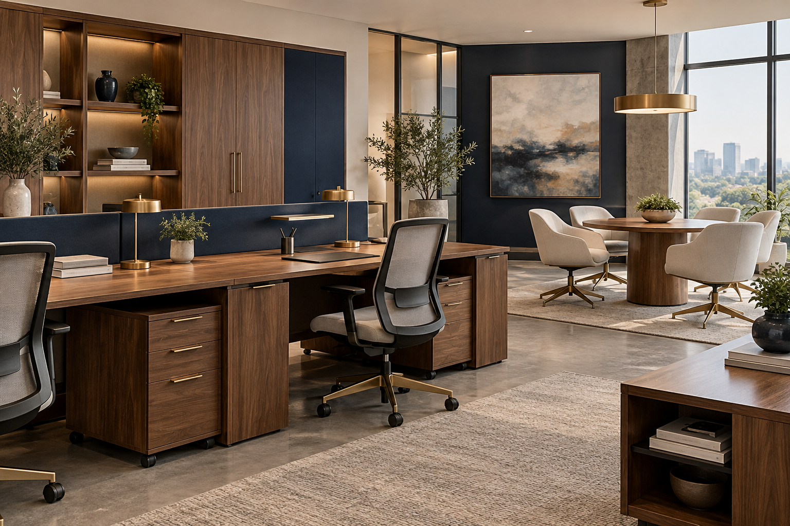 Office furnishing concept with desks, task chairs, and storage