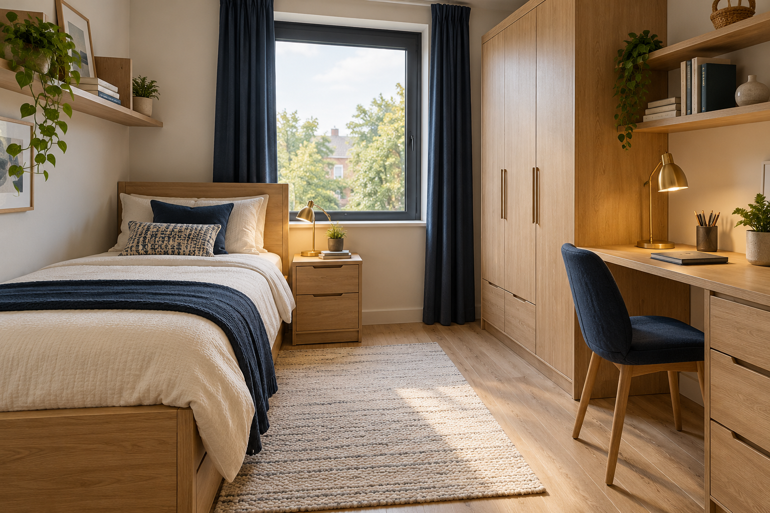 Student room furnishing concept with a bed, study desk, and wardrobe