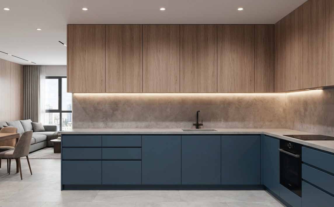 Wood and navy slab-style custom cabinetry